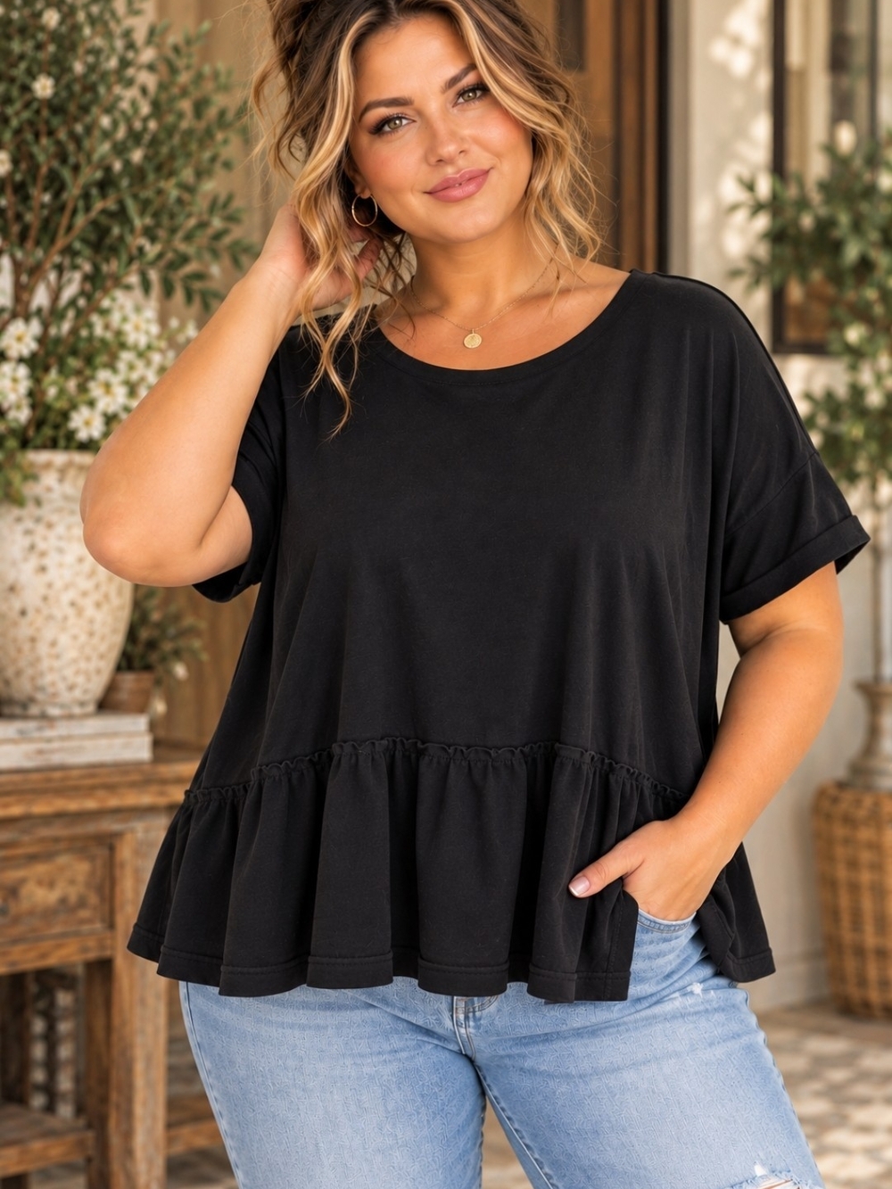 The Sweatshirt Project Black Peplum Ruffle Hem Top 2X Cotton Stretch Relaxed